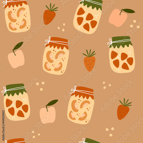 Seamless pattern with collection of glass jars with homemade canning. Autumn marinate food. Healthy meal set. Hand drawn vector illustration.