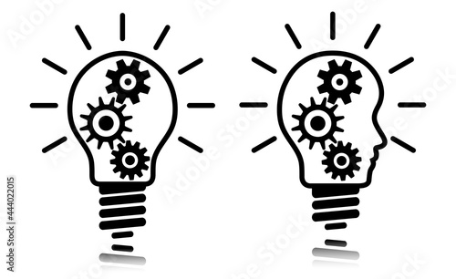 Idea bulb set illustration isolated on white background. Regular and head shaped bulb design with cogs. Business concept bulb to use in idea, teamwork, innovation, startegy projects.