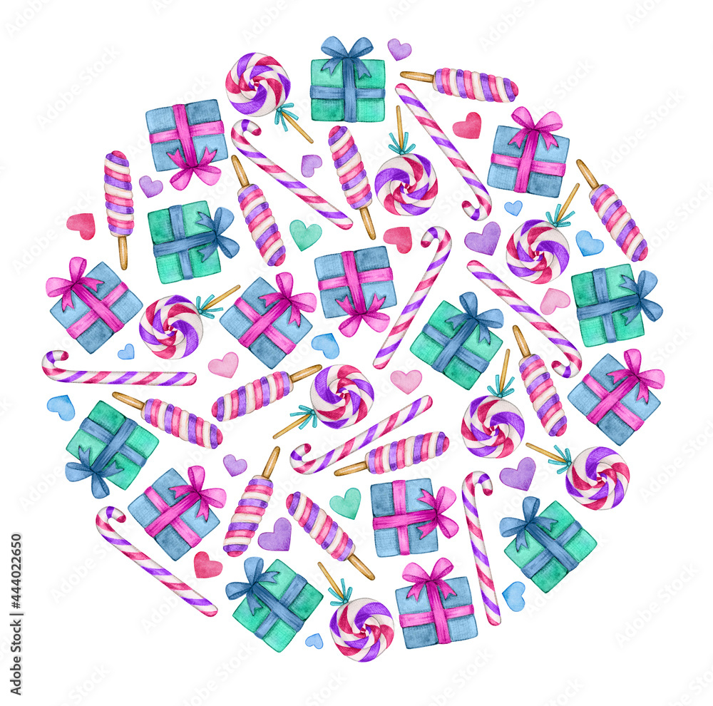 Sweets and gifts, holiday round shape, isolated on white. Watercolor illustration.