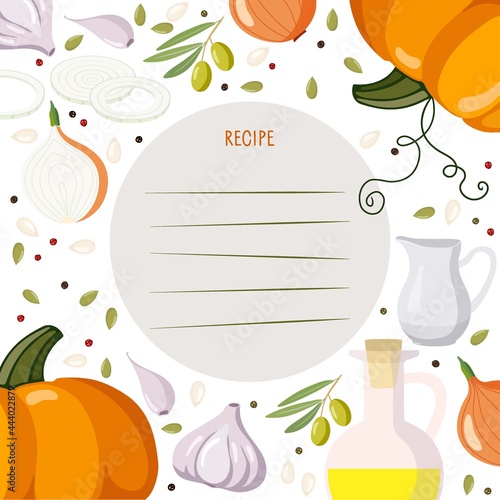 Cookbook page template. Recipe Write Template. Vegetables, spices, food preparation products Background for recipe for your dishes. Culinary course poster. Vector for wall art decor, culinary school