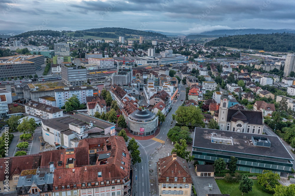 aerial view of a street corner in a swiss city  