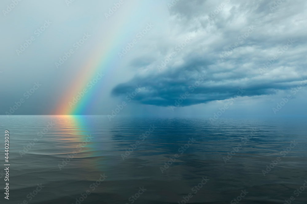 beautiful summer landscape after rain with sea and rainbow