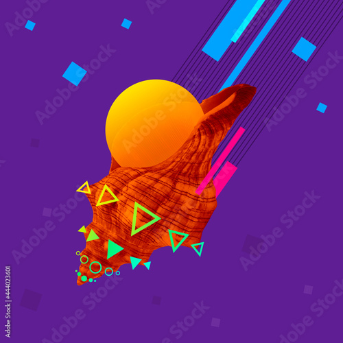 Contemporary art. Trendy colorful collage with image of large flying shell. Nature and geometry photo