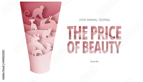 "Stop animal testing" banner in paper cut style. For cruelty free cosmetics.