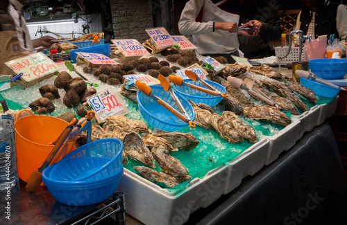 Fresh seafood for sale at  Kuromon Ichiba market in Osaka, Japan photo