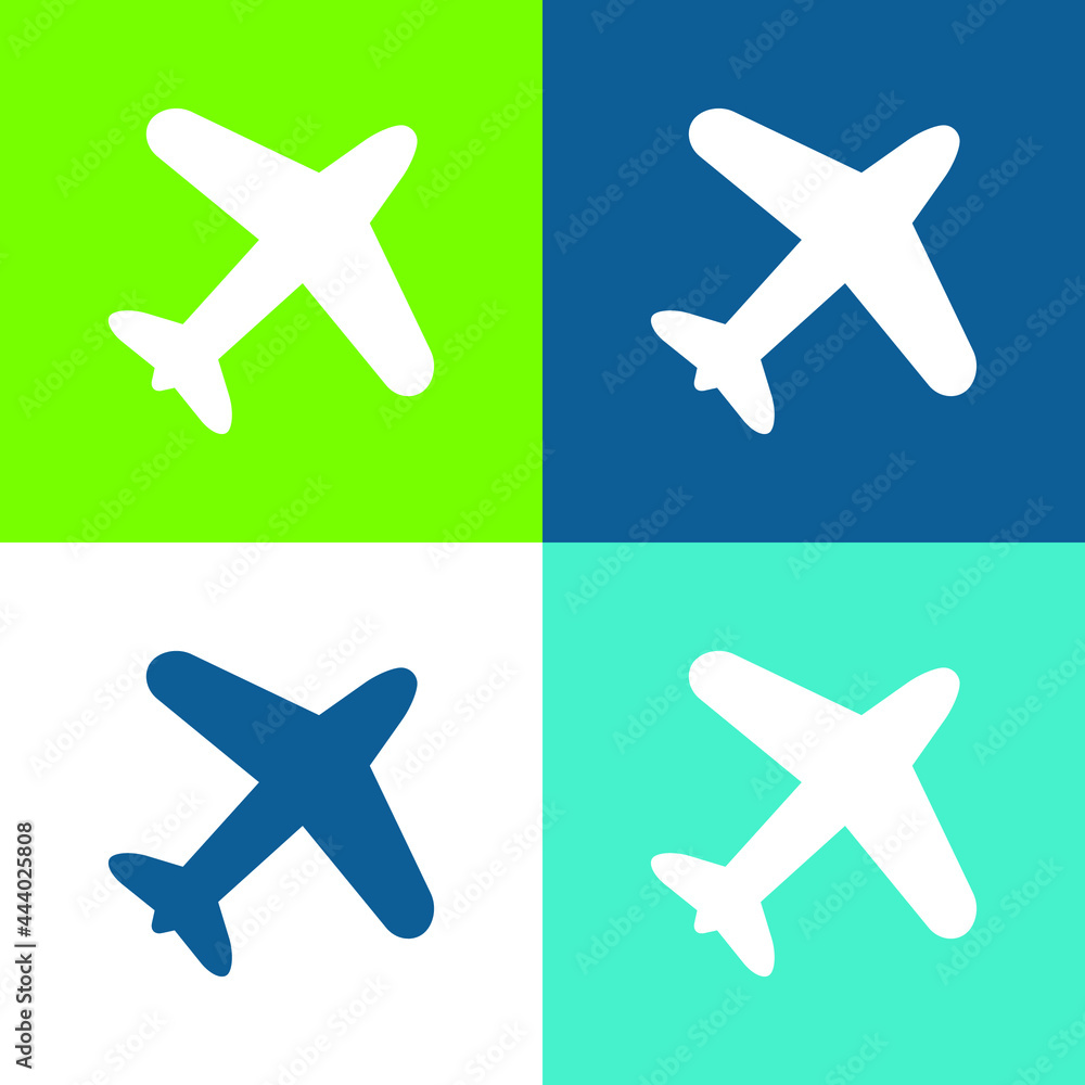 Airplane Flying Flat four color minimal icon set Airplane Flying Flat four color minimal icon set