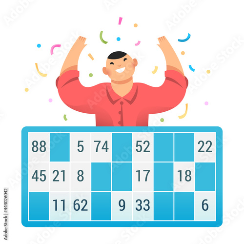 Loto bingo tombola numéro gagner confetti personnage mains en l'air joie fête gagnant loterie
