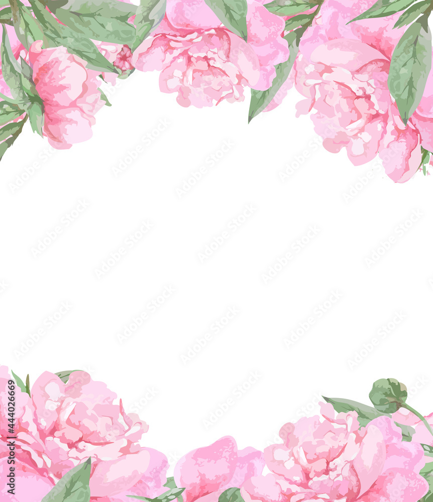 Frame of pink blooming peonies with buds and leaves.