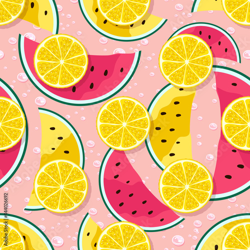 Seamless pattern of lemon slices, watermelon and water drops seamless pattern. Cartoon style.