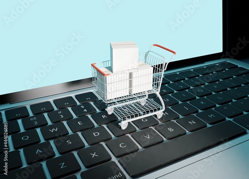 E-shopping business concept shopping cart on a laptop scene 3D rendering technology wallpaper backgrounds