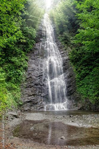 Mountain waterfall and fresh green forest 