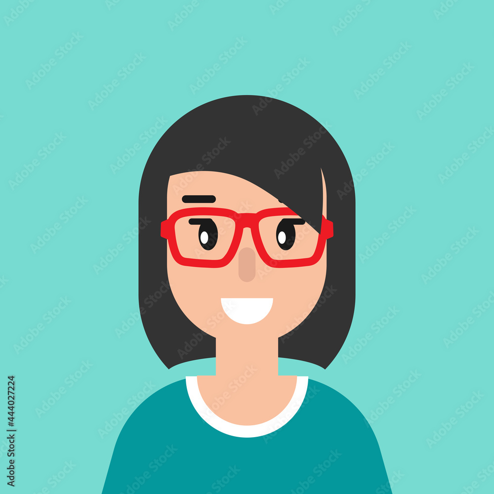 smiling girl avatar. cute smiling woman with glasses. flat icon on blue background.