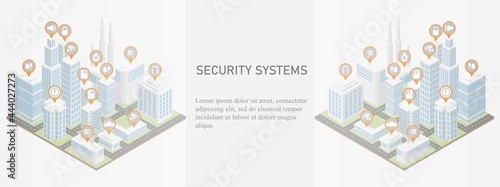 Security systems cover, banner. Isometric city with security equipment icons.  Video surveillance, metal detector, fire alarm, barrier, fence, intercom, signaling, electric keys, security password.