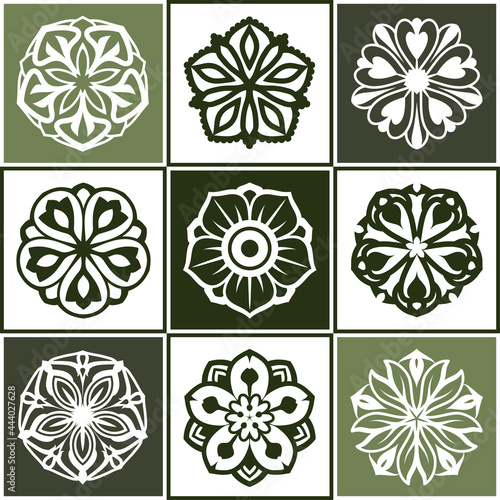 
Set of shades of green mandala isolated on background. Vector decorative round ornaments. Minimal design elements flower shape of snowflake icon for logo, tattoo artwork.