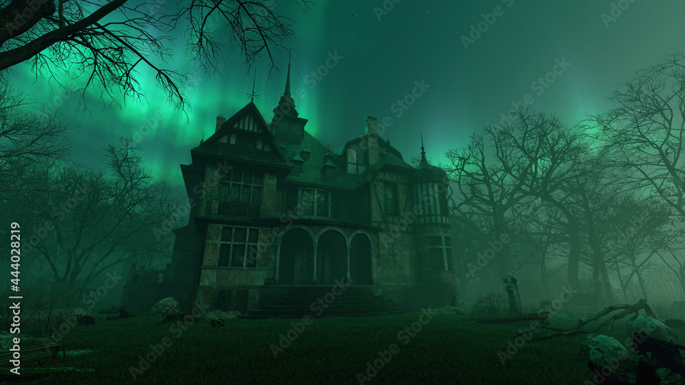 Old haunted abandoned mansion in creepy night forest with cold fog atmosphere, 3d rendering - obrazy, fototapety, plakaty 