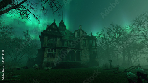 Old haunted abandoned mansion in creepy night forest with cold fog atmosphere, 3d rendering photo