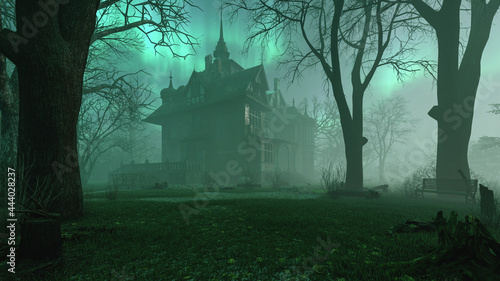 Old haunted abandoned mansion in creepy night forest with cold fog atmosphere, 3d rendering