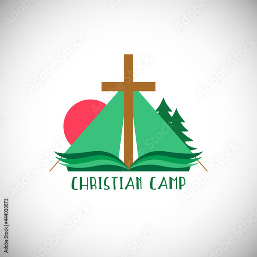 Christian church mission concept. Religious cross, open book with green pages and camping tent sign. Creative logo idea. Brand icon. Isolated abstract graphic design template. Hike campaign symbol.
