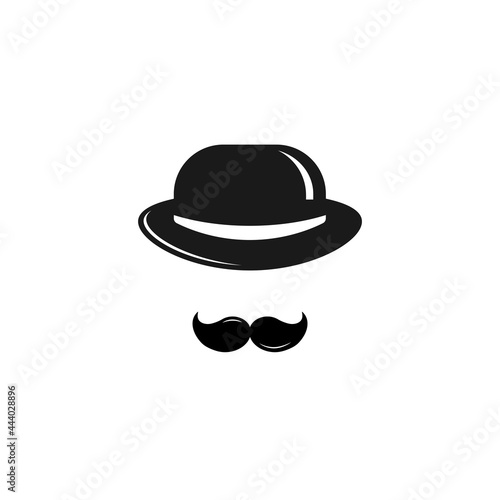 Gentleman icon isolated on white background. Silhouette of man's head with big moustache and bowler hat.