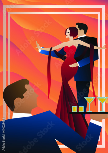 Cocktail party with dancing. Noir style. 1920s. Art Deco poster