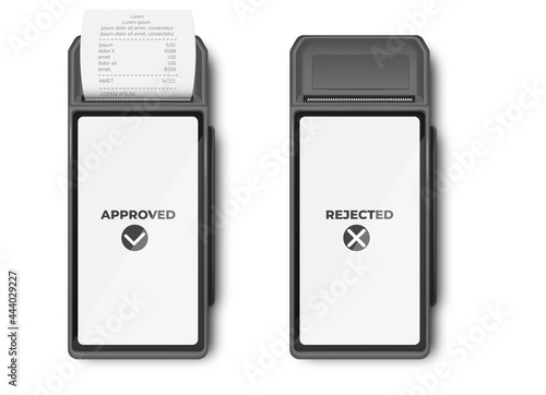 Payment by card, Mockup template of bank payment terminal. With Receipt Closeup Isolated. A purchase contactless or wireless manner.