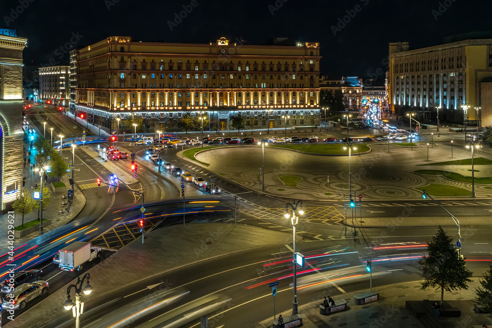 Night view of Lubyanka square in Moscow, building of the Federal Security Service