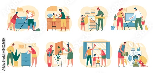 Home cleaning. Family with kids clean house together. People washing dishes, vacuuming floor, wiping window. Household chores concept vector set. Housekeeping, daily routine in apartment