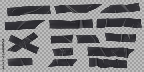 Black adhesive tape. Realistic sticky strip piece with torn edges. Wrinkled plastic duct tapes, scotch pieces, sticky strips vector set for fixing or repairing objects, ragged patch