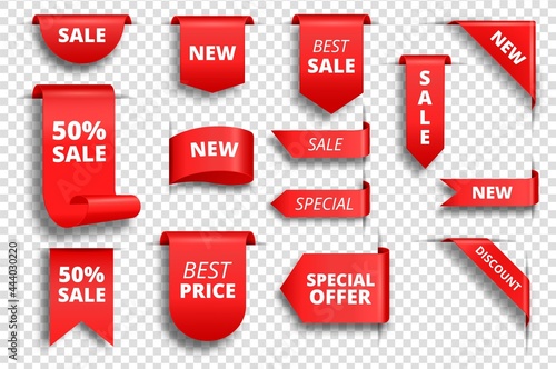 Red sale tags. Promotion banner, special price label, exclusive offer tag. Red ribbon badges, corners. Realistic promotional ribbons vector set. Elements for sale or discount isolated