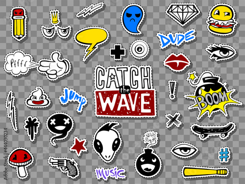 Vector set of teens stickers in doodle style.