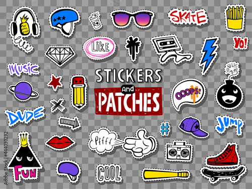 Vector set of teens stickers in doodle style.
