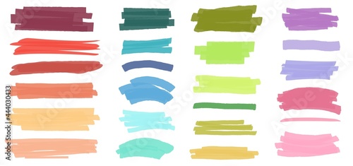 Marker lines. Color ink pen brush strokes, underlines. Colorful highlight markers hand drawn stripes scribble line element vector set. Permanent paint borders. Doodle brushstrokes isolated on white