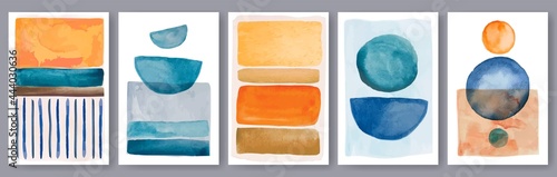 Geometric watercolor posters. Contemporary boho print with hand painted elements circles, lines. Minimalist abstract poster vector set. Modern paintbrush elements for interior design