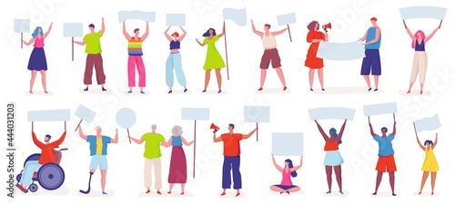 Protesters. People protesting, activists holding signs, banners, placards. Peaceful protest, manifestation, political demonstration vector set. Male and female characters with empty boards