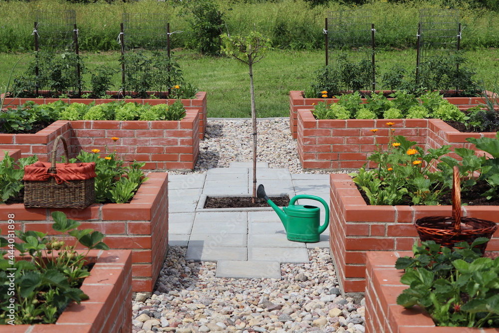 A modern vegetable garden with raised briks beds . .Raised beds