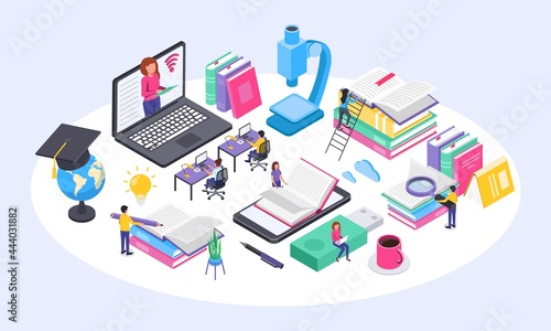 Online education concept. University students studying at home using computer. Isometric online courses, virtual learning vector illustration. Characters doing research, reading and brainstorming