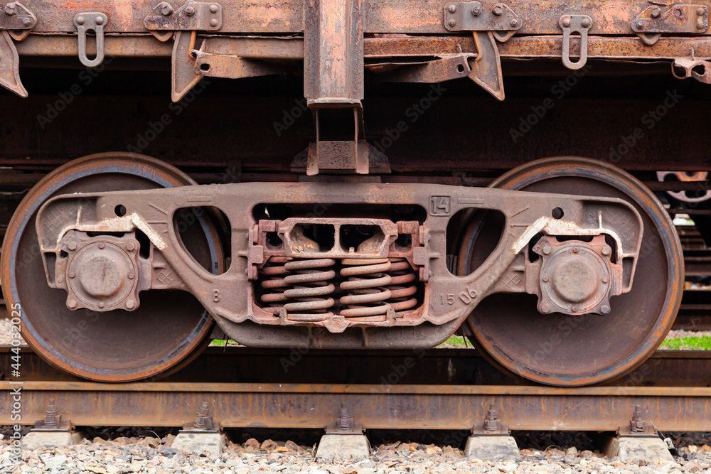 Railroad car chassis with wheels on rails. Railroad car chassis with wheels on rails.