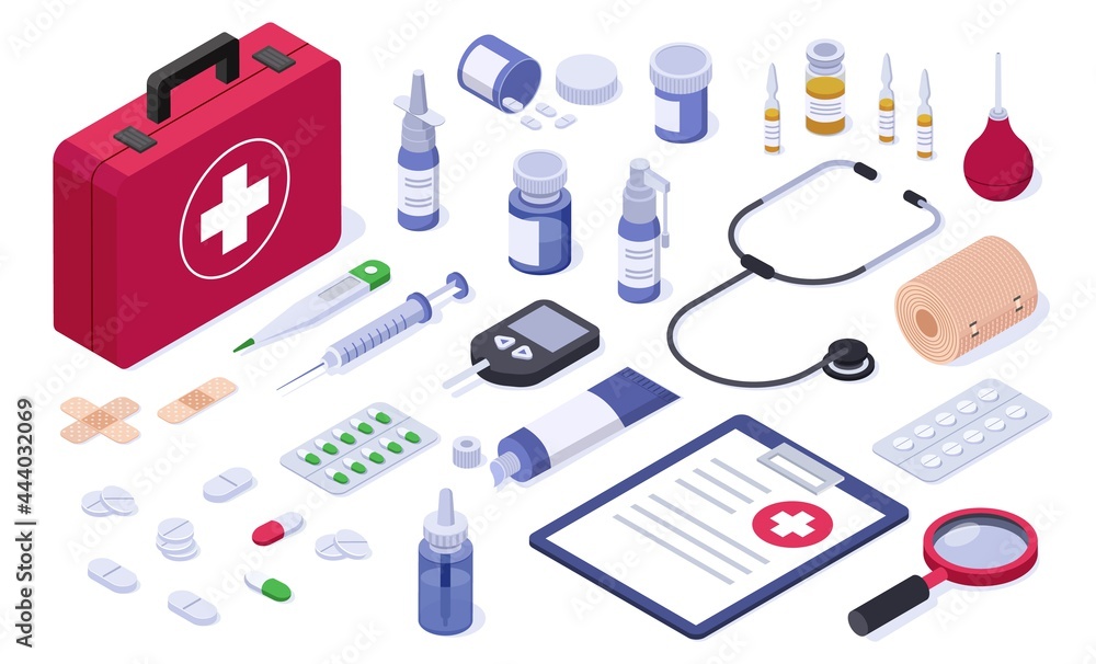Isometric first aid kit. Healthcare medical equipment bandage, tablet, pill, syringe, spray, stethoscope. Online pharmacy medication vector set. Urgency treatment, tools for accident Isometric first aid kit. Healthcare medical equipment bandage, tablet, pill, syringe, spray, stethoscope. Online pharmacy medication vector set. Urgency treatment, tools for accident