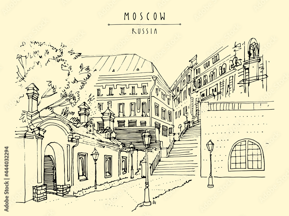 Vector Moscow architecture postcard. Ancient houses and old buildings on Varvarka street. Old town Moscow, Russia, Europe. Travel sketch. Horizontal hand drawn touristic poster, brochure illustration