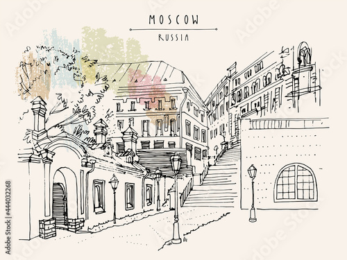 Vector Moscow architecture postcard. Ancient houses and old buildings on Varvarka street. Old town Moscow, Russia, Europe. Travel sketch. Horizontal hand drawn touristic poster, brochure illustration
