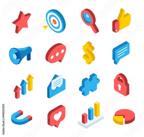 Isometric social marketing. Digital networking, mobile application, communication icons. Email, target, heart, thumb up vector icon set. Content isometric symbols or elements for interface
