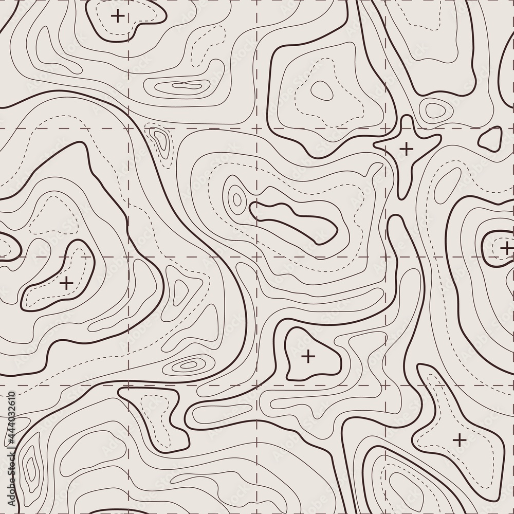 Topographic map. Geographic terrain, vintage old geological contour lines with grid. Seamless pattern topography map vector background. Area with different routes and curves top view