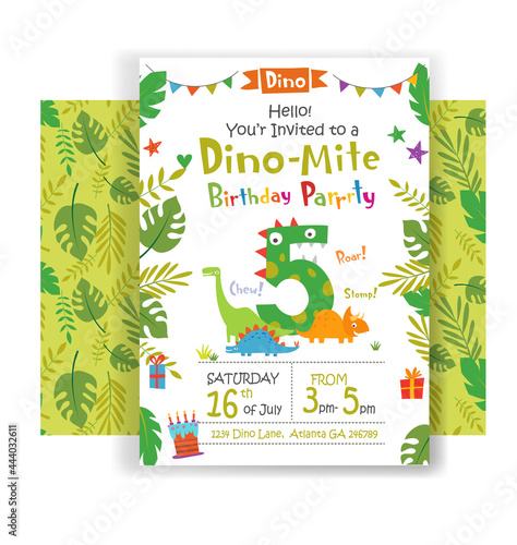 Holiday birthday invitation to Dino party with funny cartoon dinosaurs and design elements. Vector illustration