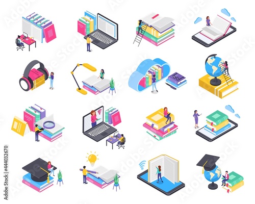 Isometric online education. People studying via laptop or phone. Online training, digital learning, virtual library concept vector set. Students reading books, doing research, brainstorming
