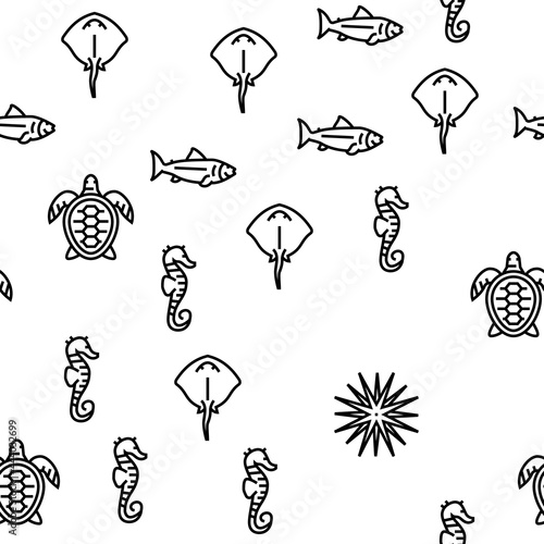 Ocean Underwater Life Vector Seamless Pattern Thin Line Illustration