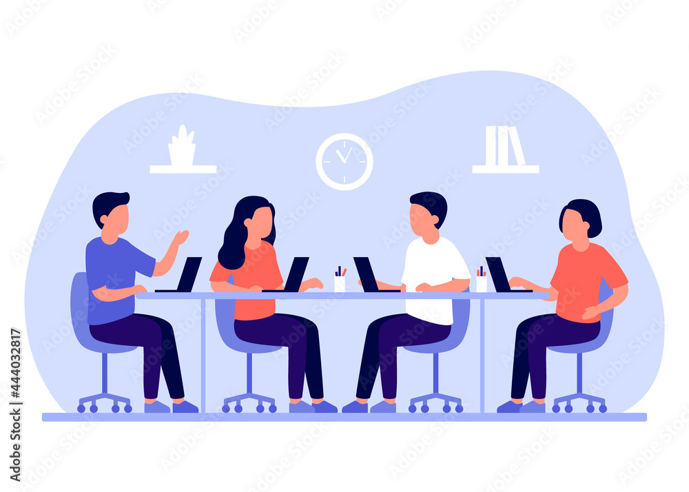 Group business employee people work together in office. People sitting at common table and communicate using laptop. Workplace company. Vector flat illustration