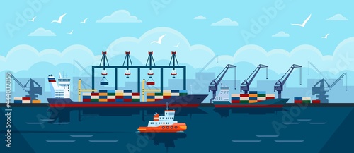 Cargo ship in seaport. Industrial freight vessel with shipping containers docked at port. Sea transportation industry vector illustration. Export and import business and commercial shipment