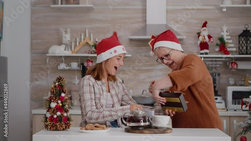 Grandmother suprising granddaughter with wrapper present gift during traditional winter holiday enjoying in decorated xmas kitchen. Happy family with santa claus hat celebrating christmas season photo