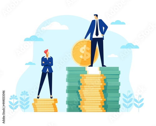 Gender wage gap. Businessman and businesswoman standing on money stack. Unequal pay, financial discrimination, income inequality vector concept. Payment disparity at work, job sexism