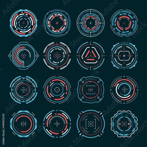 Futuristic targets. Sci-fi sniper scope optical aim, military shooting sight. Digital hud crosshair target, high tech aiming mark vector set. Weapon focus, viewfinder and objectives